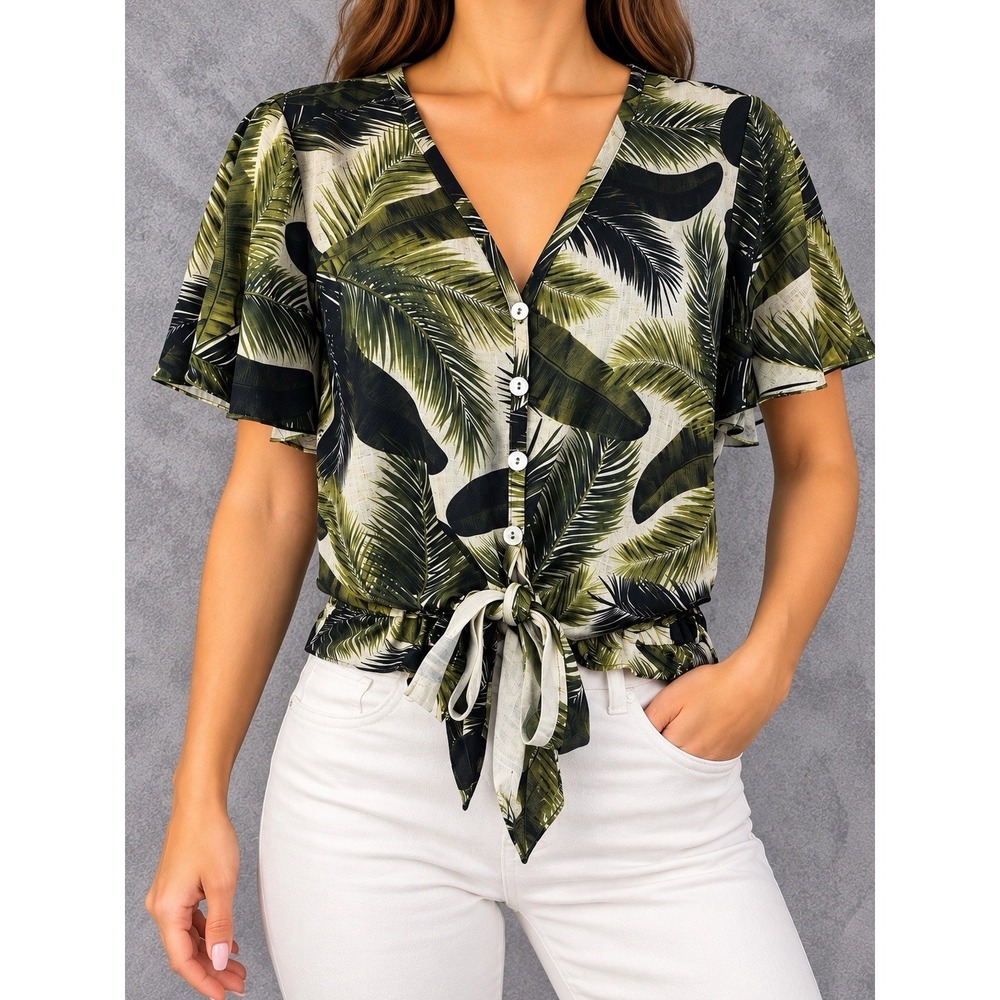 Show Me Your Mumu Blouse Womens Medium Green Palm Leaf Tie Front Tropical Resort